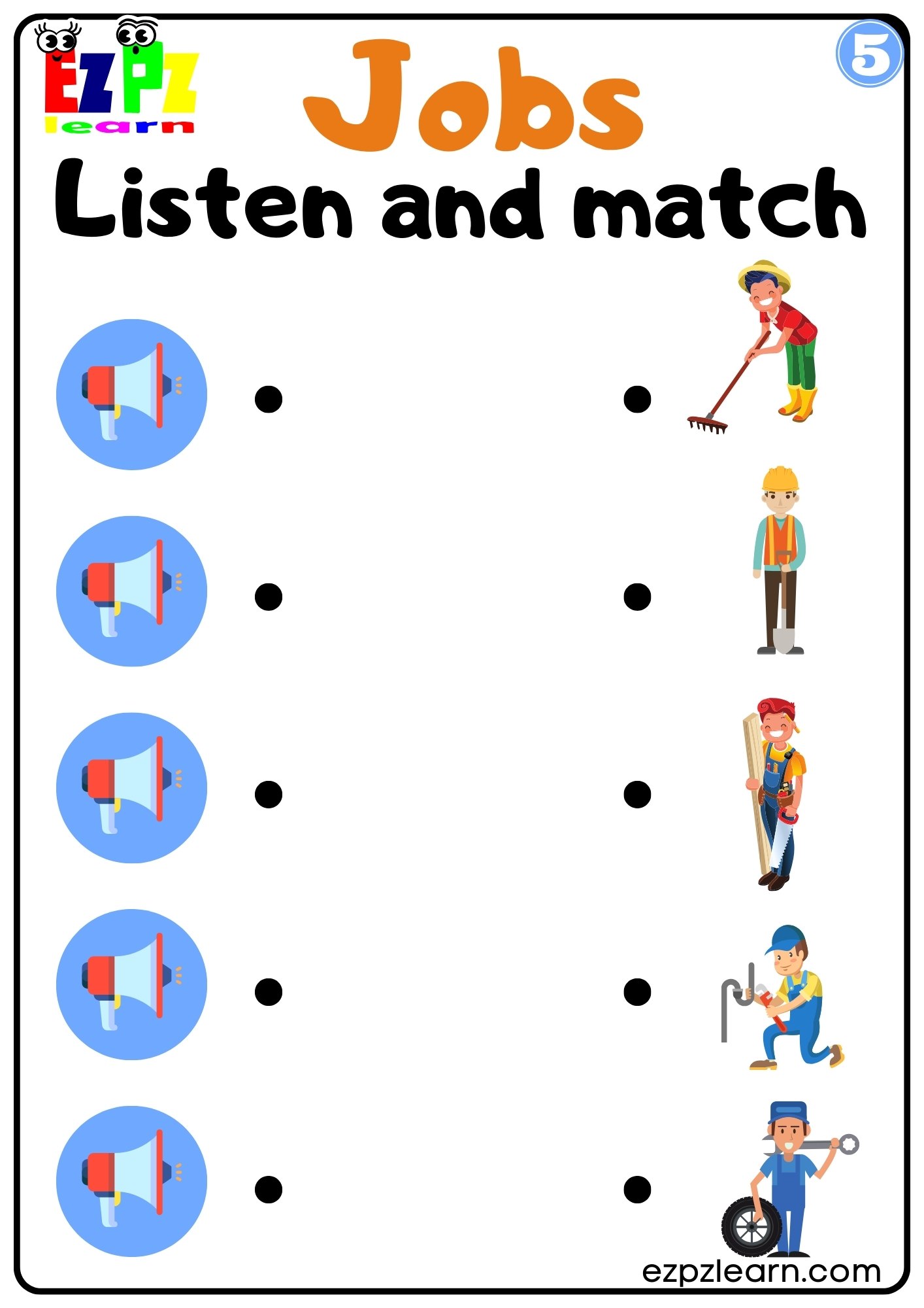 Jobs Vocabulary Interactive Worksheet Listen and Match the Correct Images Activity for Kids, K5 and ESL Students G5